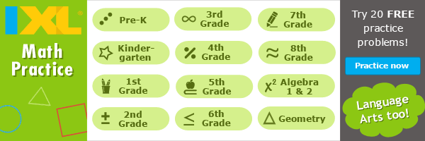 IXL Math Practice - from PreK to geometry. Try 20 FREE practice problems! Language Arts too!