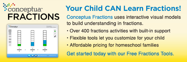 CONCEPTUA FRACTIONS - Your child CAN learn fractions! Conceptua Fractions uses interactive visual models to build understanding in fractions. -Over 400 fractions activities with built-in support. -Flexible tools let you customize for your child. -Affordable pricing for homeschool families. Get started today with our Free Fractions Tools.