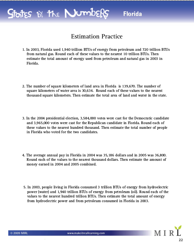 Sample page from one of the States by the Numbers workbooks